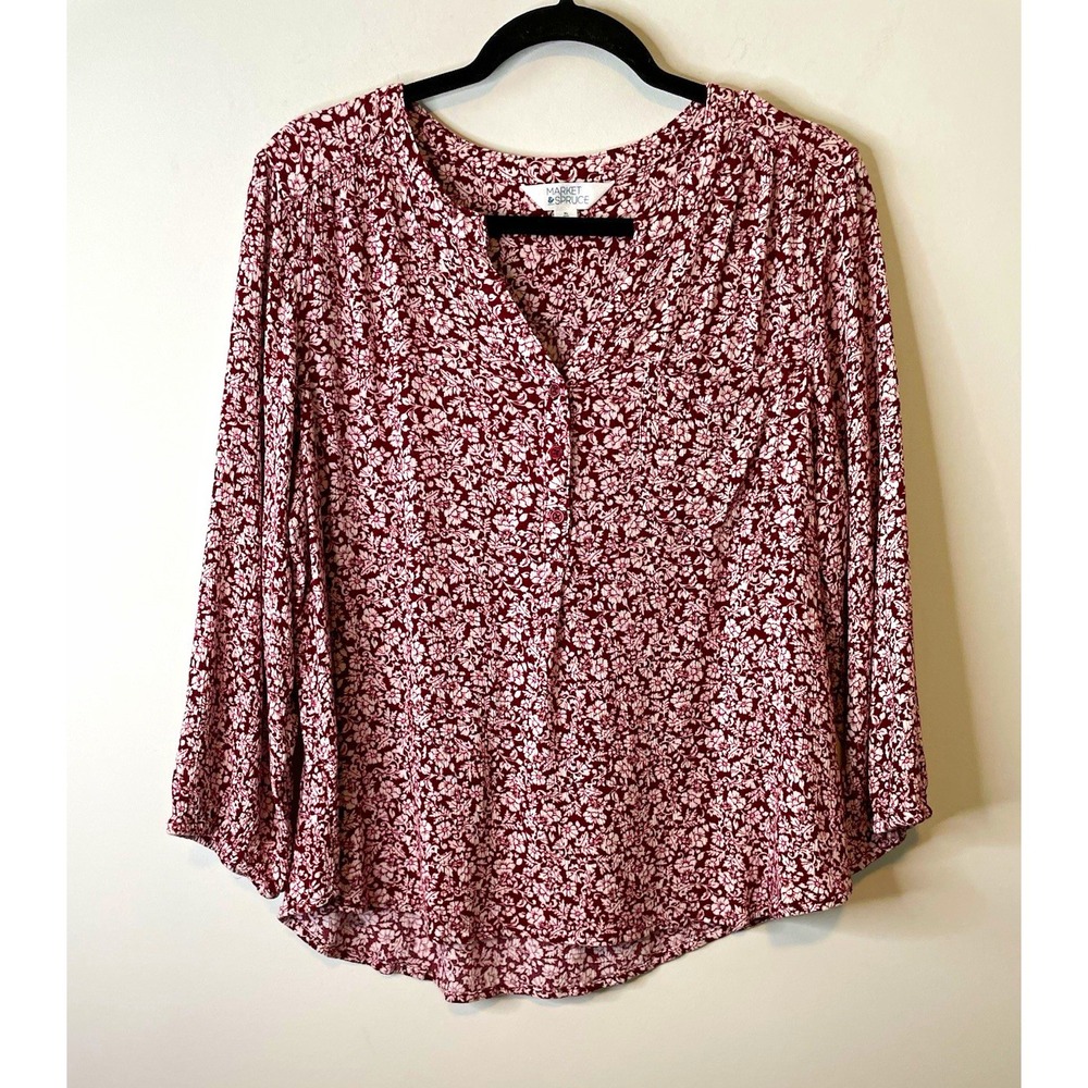 Market & Spruce Blouse Women's XL Burgundy White Floral V-Neck 3/4 Sleeve